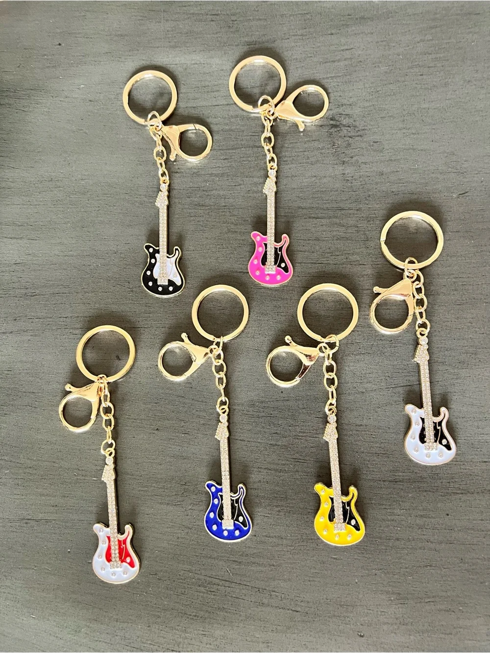 Black & White Enamel Electric Guitar Rhinestone Gold Keychain 3.5